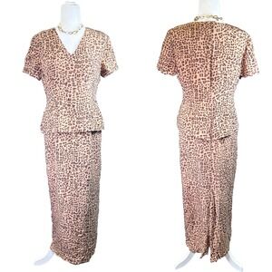 Vintage Leopard Print V Neck‎ Peplum Maxi Dress Faux Two Piece 100% Silk Office